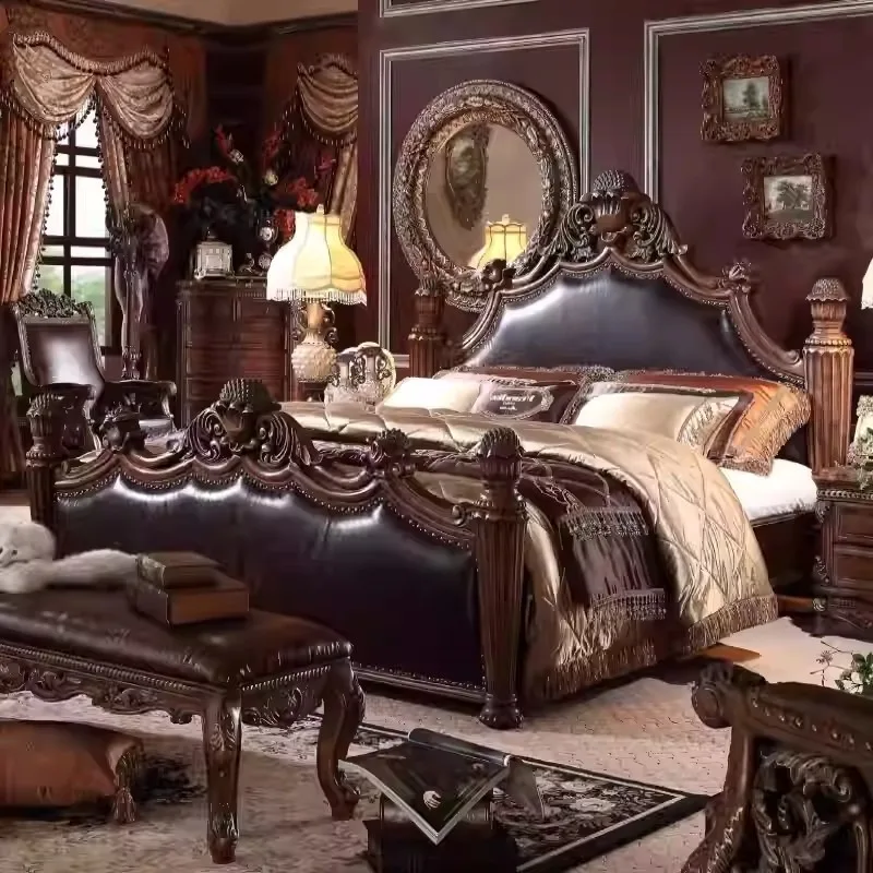 European-style pure solid wood double bed, 1.8m x 2m, American-style large pillar bed furniture, custom-made