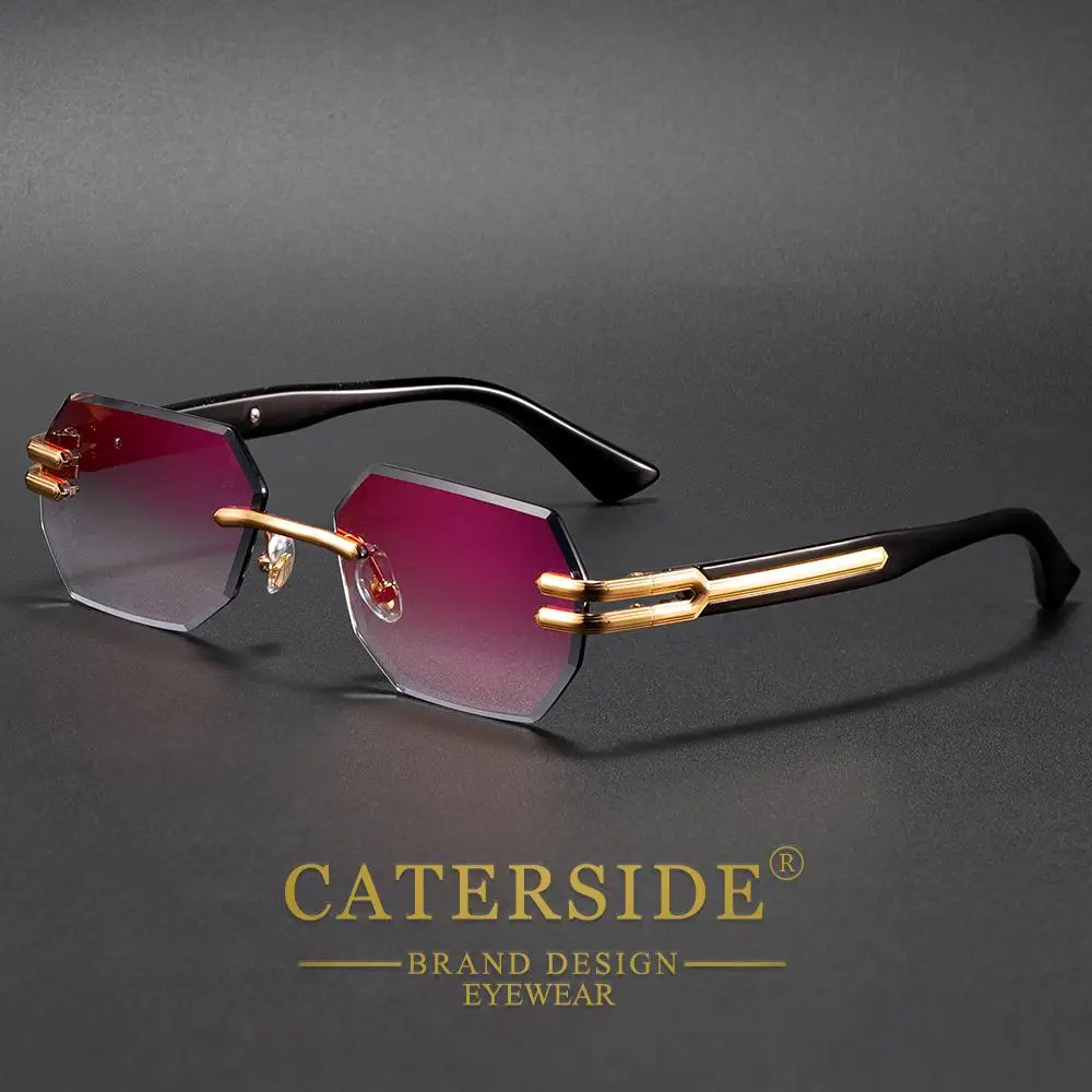 CATERSIDE Neue rahmenlose Sonnenbrille für Herren, modische polygonale Spiegellinsen mit Farbverlauf, Metallrahmen, Damen-Party-Sonnenbrille für den Außenbereich – Detail 10