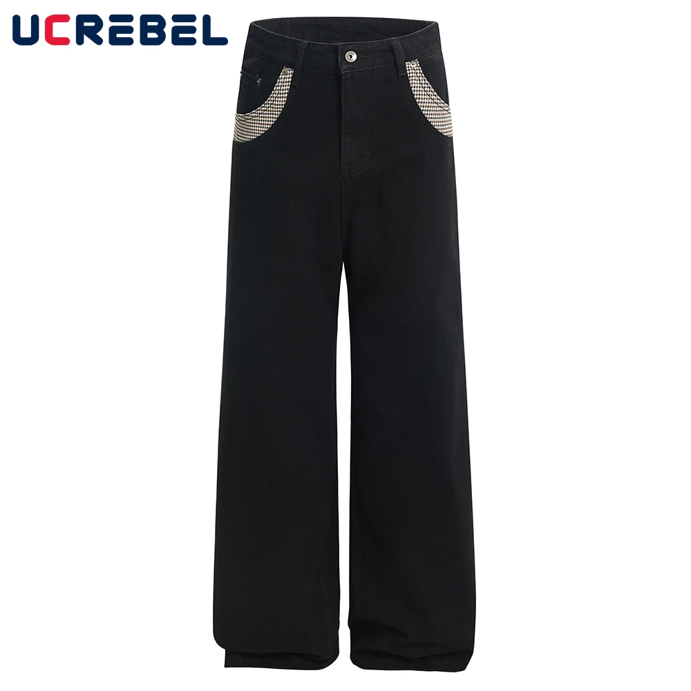 

Patchwork Pocket Jeans Mens Retro High Street Loose Straight Wide Leg Cotton Denim Pants Men