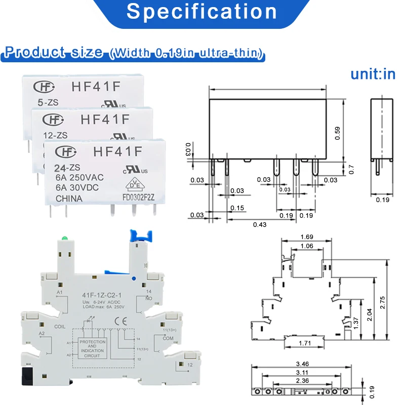 10pcs DIN Rail Relay 5V 12V 24V Slim Relay Module HF 41F With Led 6A 41F-5-ZS 41F-12-ZS 41F-24-ZS 30VDC