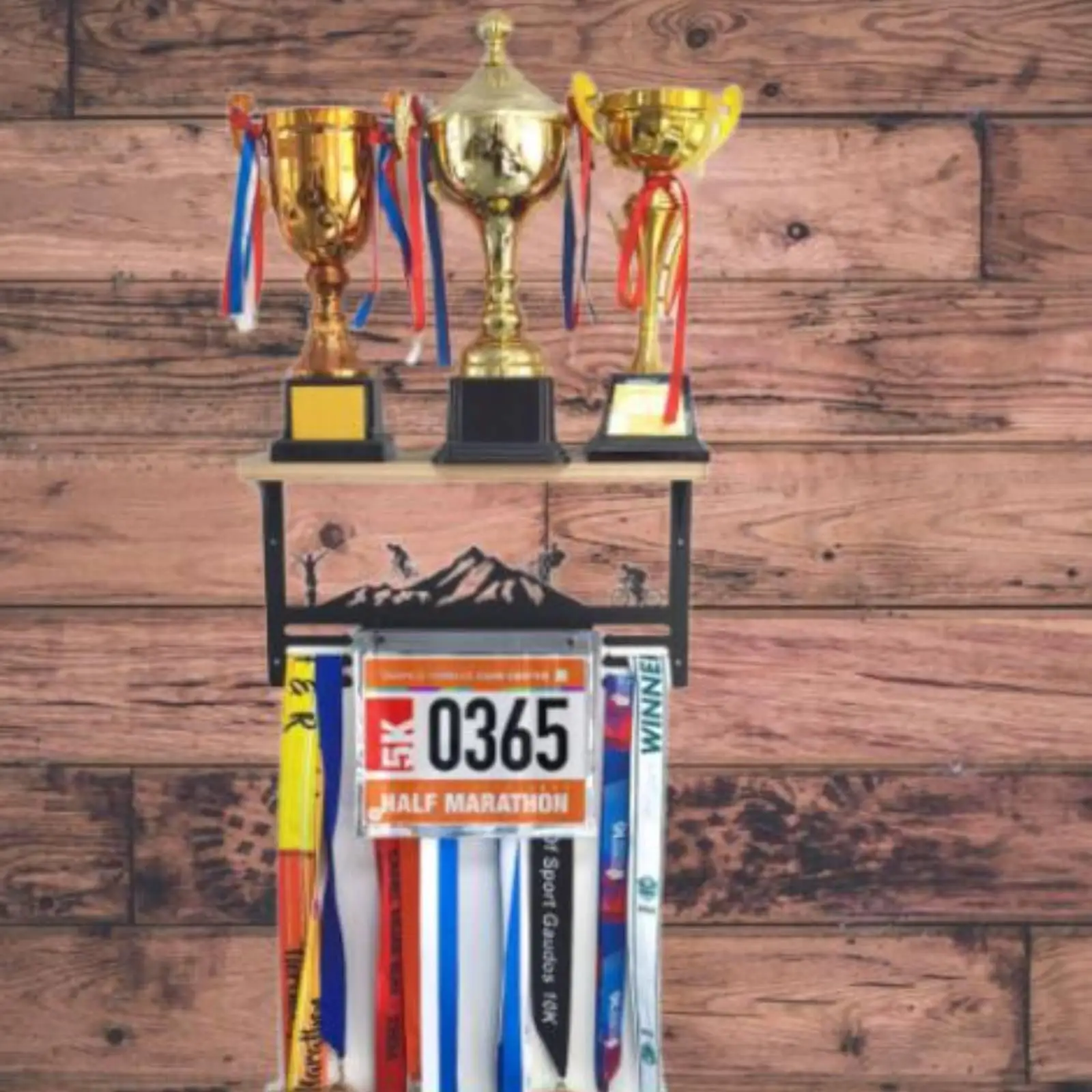 Sturdy Iron Medal Organizer Rack with Built in Wood Shelf for Triathlon Bibs and Sports Trophy Display