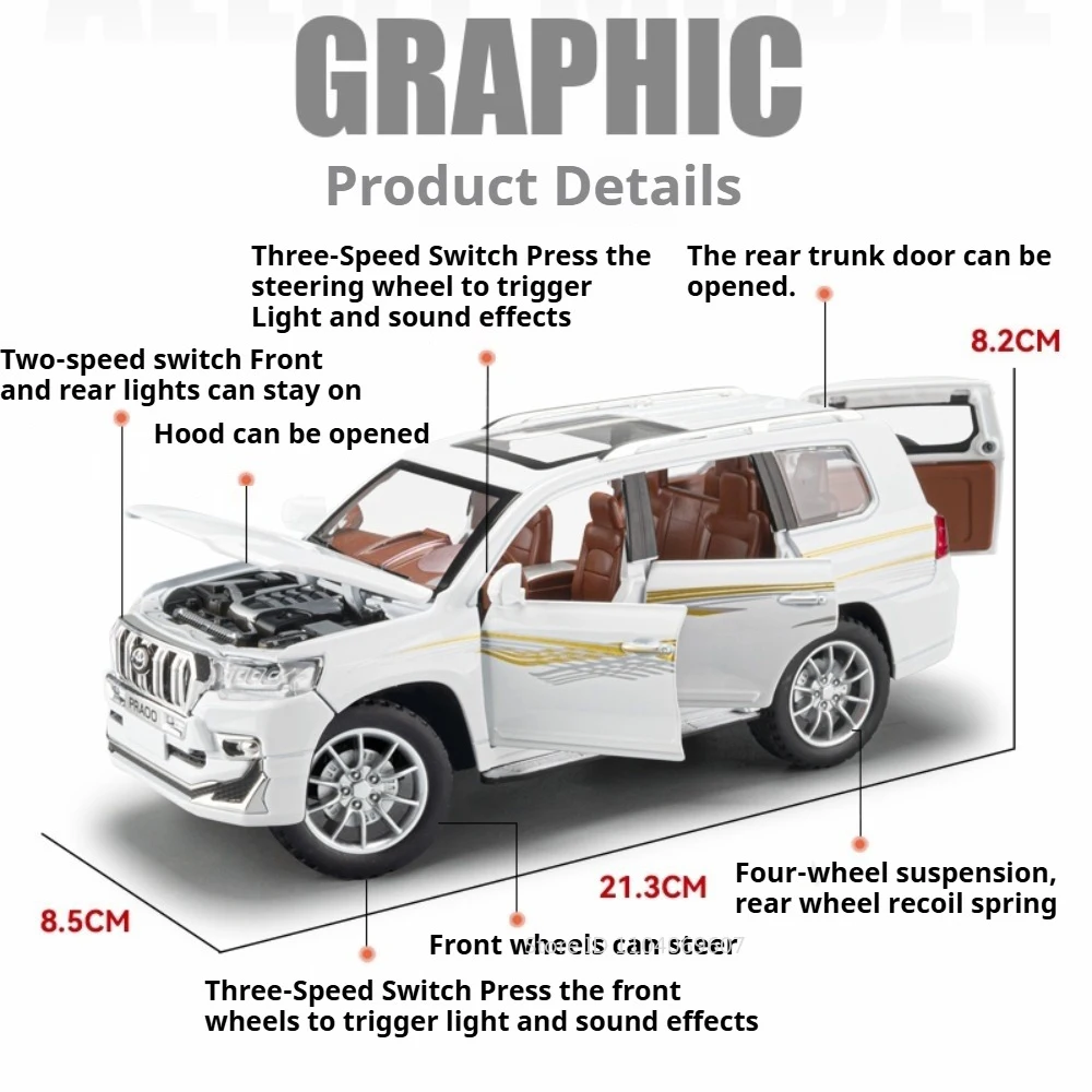 1:24 Scale Prado LC250 Car Model Toys Alloy Diecast Off-road Vehicles Sound Light Doors Opened Pull Back Home Decoration Models
