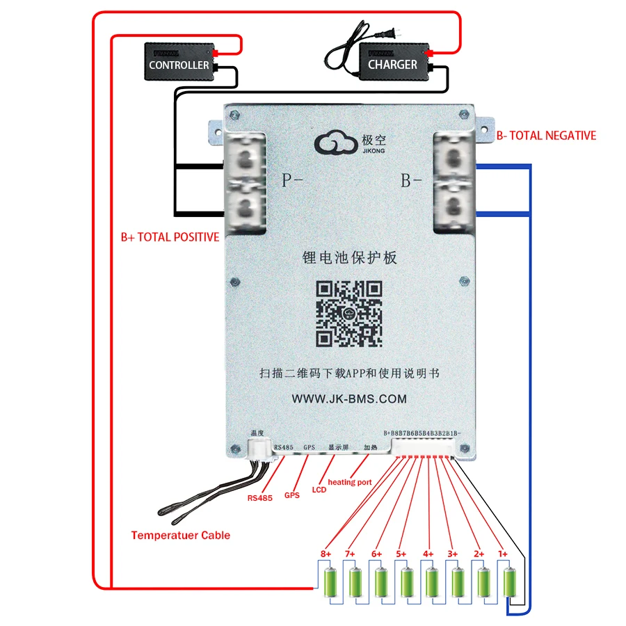 Jk Bms 200A Jk-B1A8S20P Smart 1A Li-Ion Active Balance Lifepo4 Battery 4S 5S 6S 7S 8S 12V 24V Btlto 18650 Battery Camping Ebike