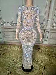 Silver Ear Slim Fitting Two-Piece Set With Sparkling Diamond Patchwork Patterns Tassels Sexy Nightclubs Bars Performance Costume
