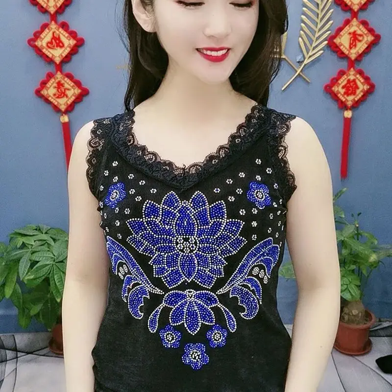 Rose Lace Rhinestone Cami - Summer New Plus Size Sleeveless Youth Women Tops Viral Versatile Women‘s Clothing