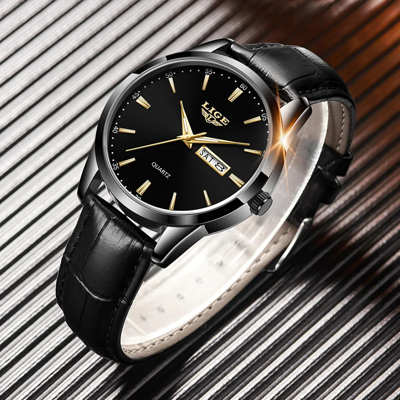 LIGE Mens Relógios de Quartzo Marca de Luxo Casual Moda Relógio Masculino Para Presentes Couro Respirável À Prova D 'Água Relógio de Pulso Luminoso + Caixa