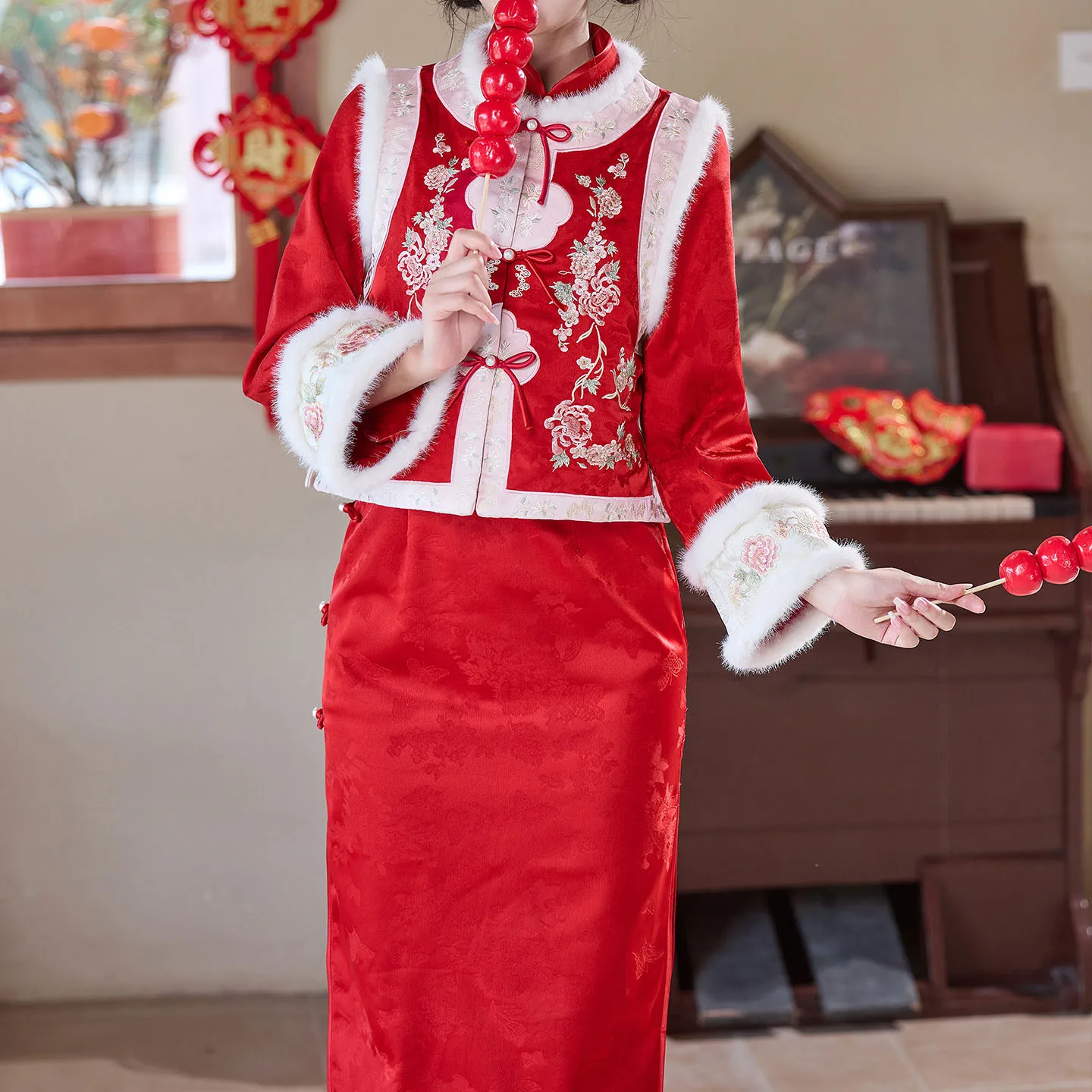 

2025 Winter New Chinese Style Dress Women Long Sleeve Chesongam Bride Wedding Banquet Gown Qipao Dress Fluffy Vest Tops Hanfu