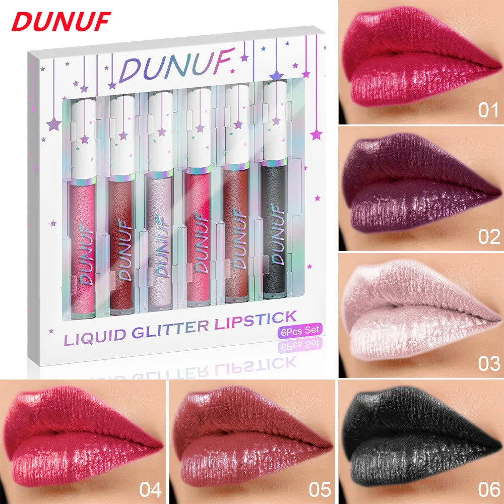 DUNUF-Juego de brillo de labios con purpurina, 6 uds., belleza para mujer, tinte de labios brillante de diamante, resistente al agua, lápiz labial líquido de larga duración, cosméticos, maquillaje