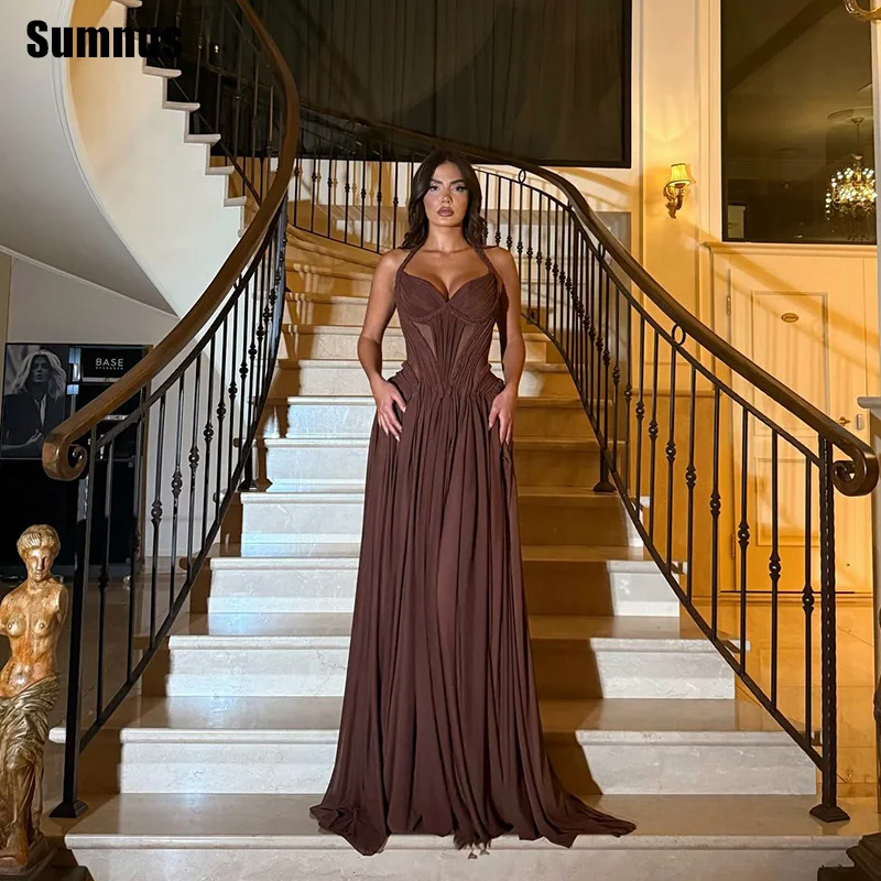 

Sumnus Elegant A-Line Brown Evening Dresses Halter Draped Sleeveless Formal Dresses Gala فساتين سهرة Customized