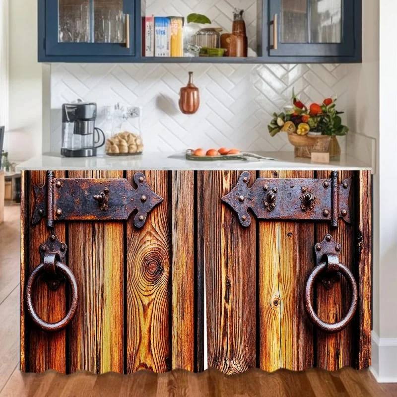 VIKAMA Kitchen Short Curtain Cabinet Features A Rustic Wood Grain Design, Ideal For Pantries And Storage Closets.