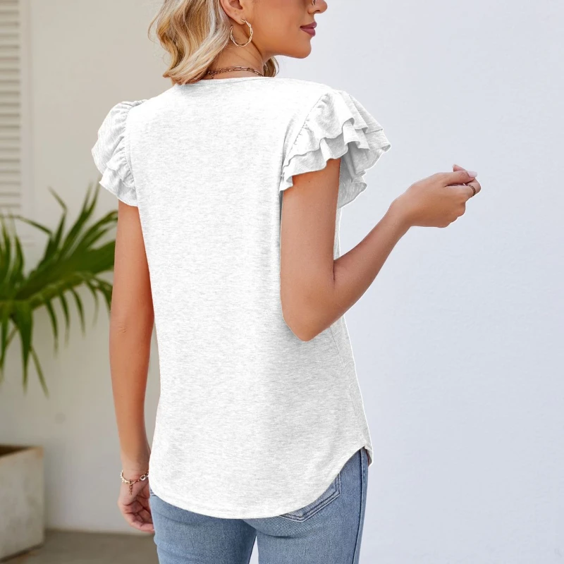 Women Summer Tops Pleated Short Sleeved Blouse Solid Color Casual Loose Fitting T-shirt V-neck Female Clothing Soft Comfy Tees