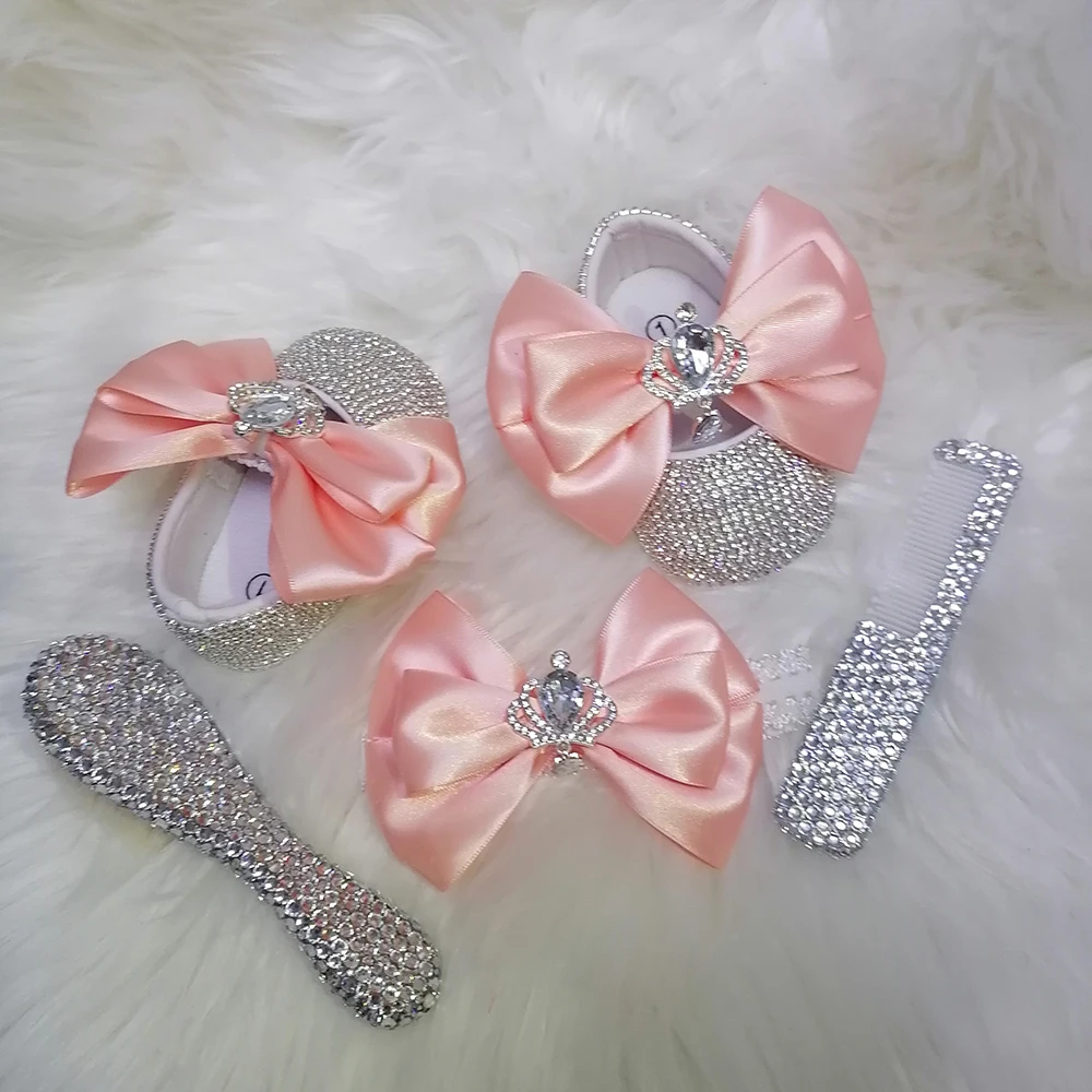 Handmade Bow Hairband Rhinestones Baby Girl Spring Autumn Shoes Warm Boots  First Walker Sparkle Bling Crystal Princess Shower