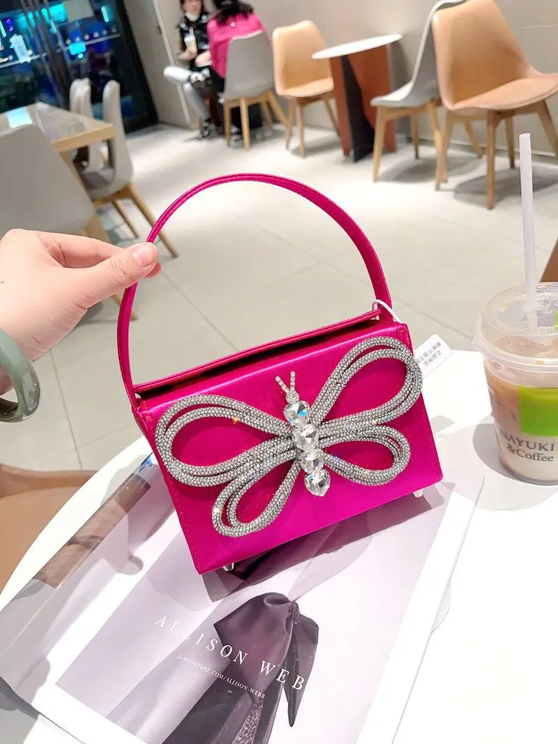 Luxury Designer Glitter Bow Knot Satin Handbag Shiny Rhinestones Diamond Evening Bag Wedding Party Clutch Purse Shoulder Bag