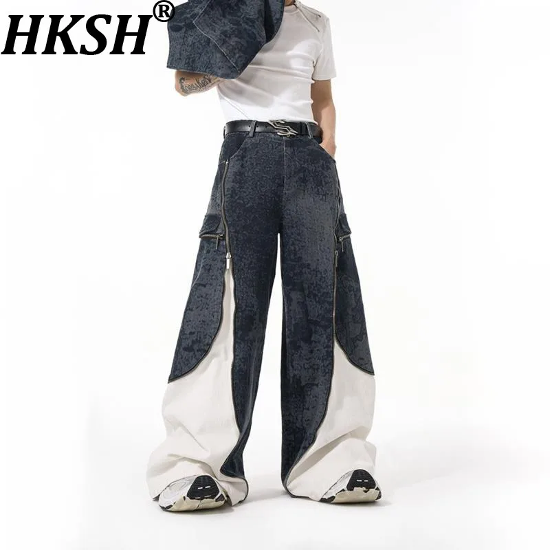 

HKSH Autumn New Men Tide Punk Zipper Structure Patchwork Design Jeans Niche Wide-Leg Casual Denim Jackets Patchwork Coat HK17799
