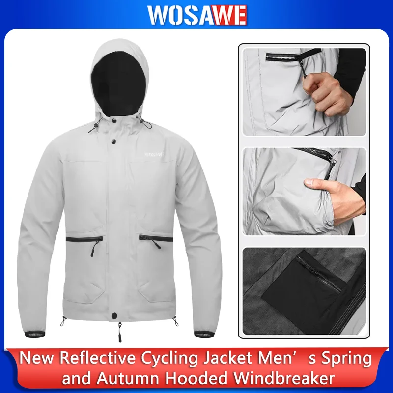 WOSAWE Reflective Cycling Jacket Waterproof Windproof Hooded MTB Road Bike Bicycle Windbreaker