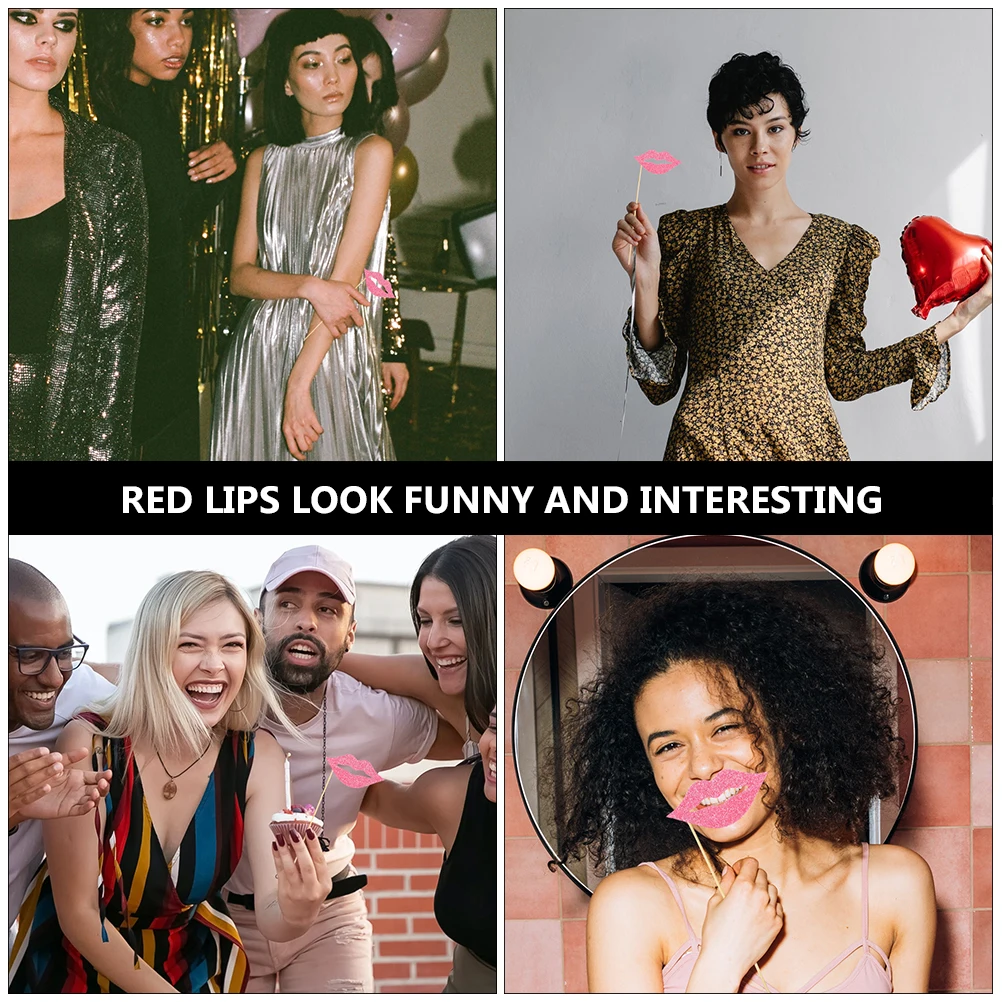 

60 pcs Red Lips Photo Props Funny Selfie Mouth Accessories for Birthday Party Festival Pink Glitter Hand Held Wedding