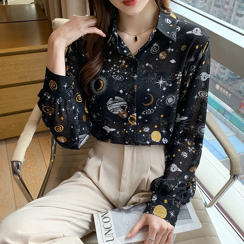 Women\'s Printed Long Sleeve Shirts Fashion Thin Satin Ladies Tops Star Sky Pattern Lolita Style Lantern Sleeve Chiffon Blouses