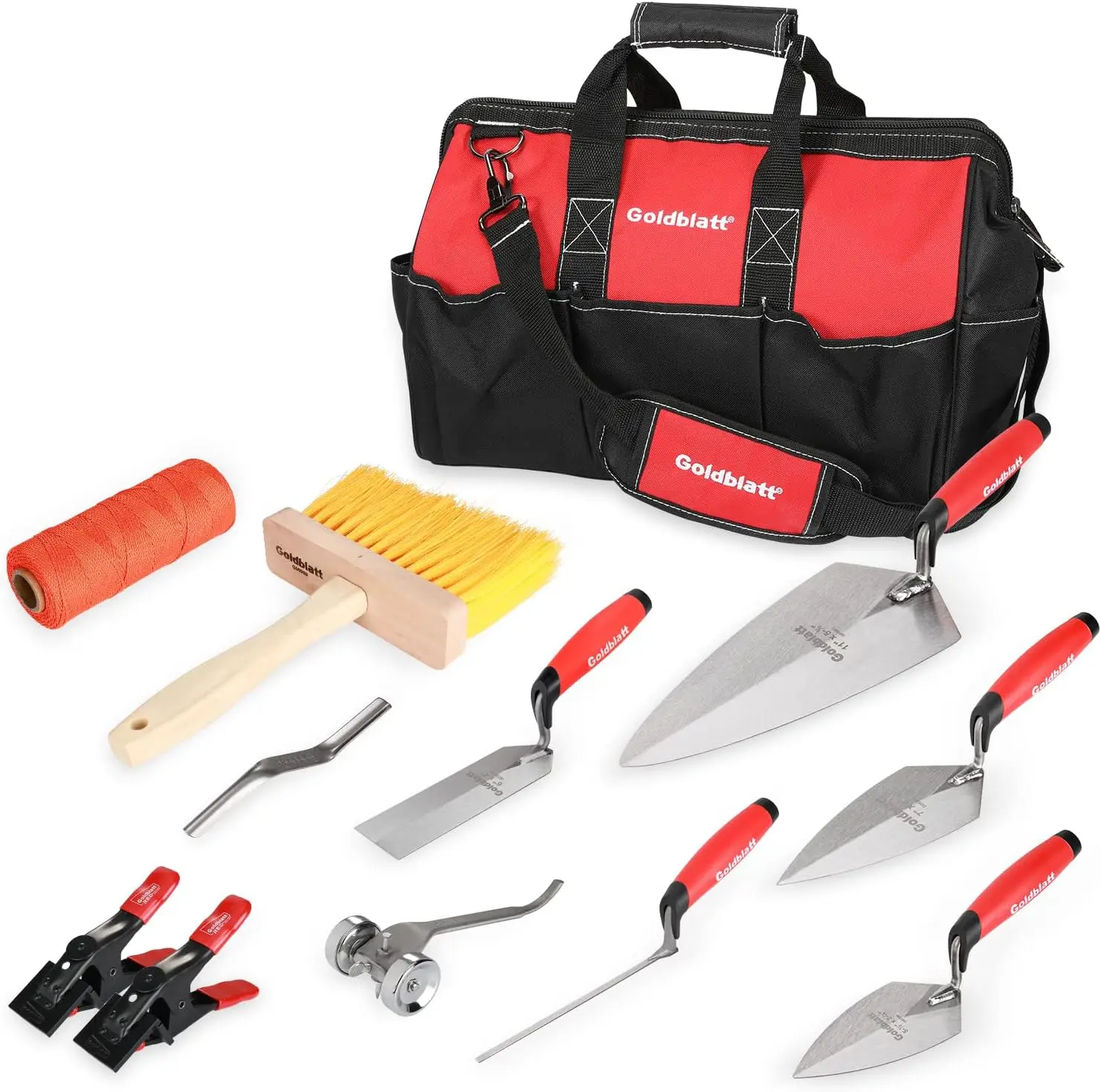 Masonry Hand Tool Set Organized in Tool Bag - Philadelphia/Pointing/Margin/Tuck Pointing Trowel, Skate Wheel Joint Raker, Convex