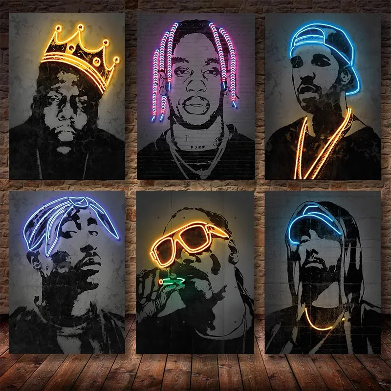 

Famous Rapper Canvas Painting Hip Hop Rap Star Art Poster Neon Effect Music Singer Hanging Pictures Prints For Home Decor No Led