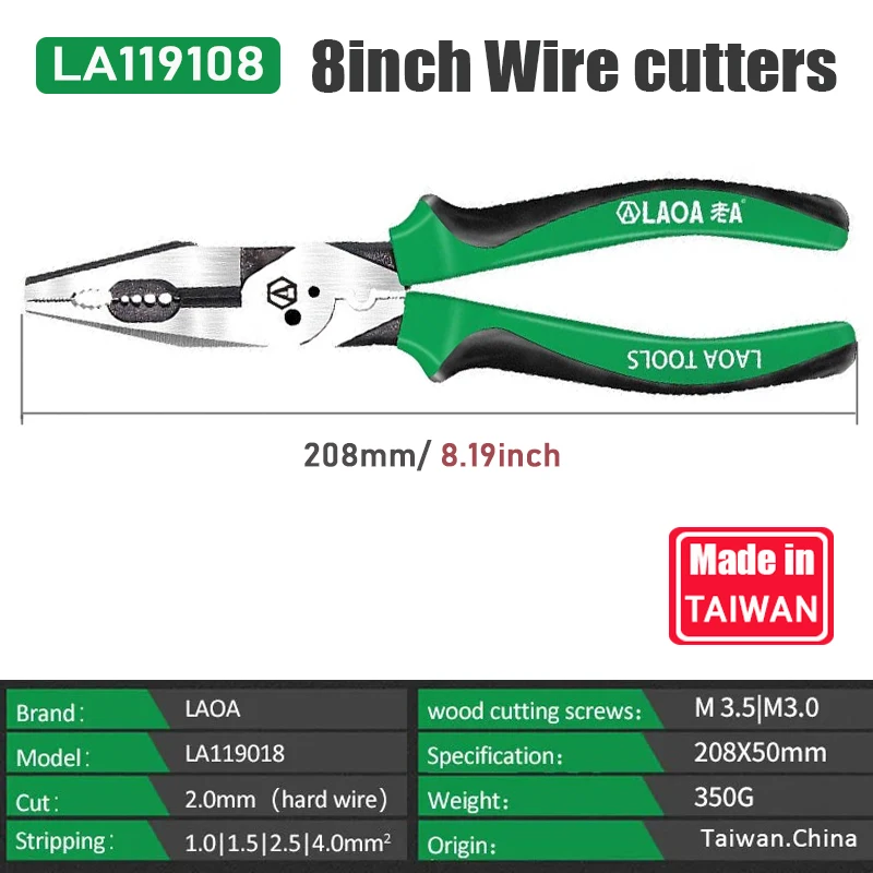 LAOA 8inch Long Nose Pliers Wire Stripper 0.7-4.0mm Range Cr-V Crimping Tool Electrician Needle-nose Pliers Wire Cutter