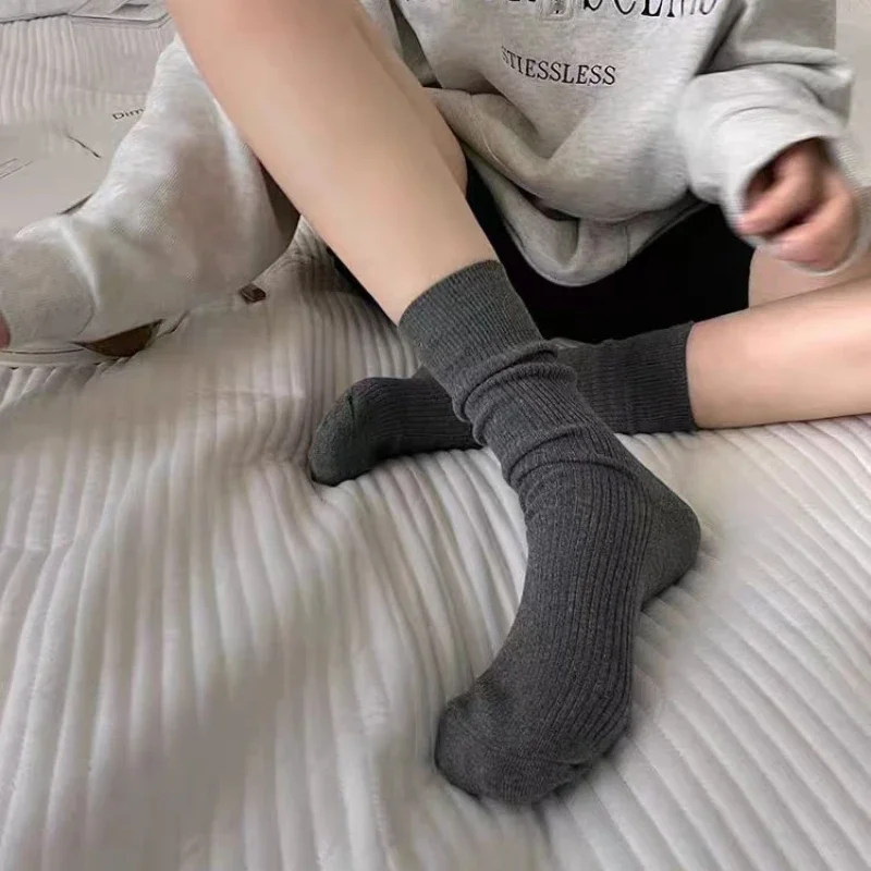 Dark Gray Socks for Women Japanese Korea Simple Minimalist Basic Style Black White Long Tube Mid Calf Sock Ladies Stocking