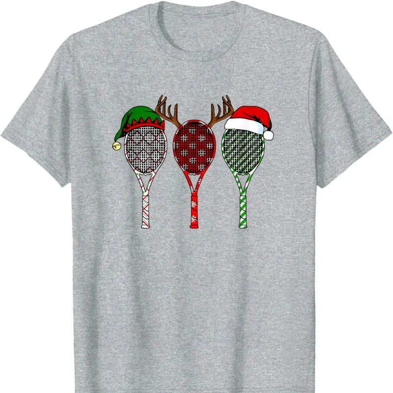 Tenis Merry Chistmas 3 Raqueta De Tenis Camiseta De Navidad, Czarna Koszulka z Krótkim Rękawem i Okrągłym Dekoltem, Bawełniana, Na Wszystkie Sezony, Do Noszenia na Zewnątrz