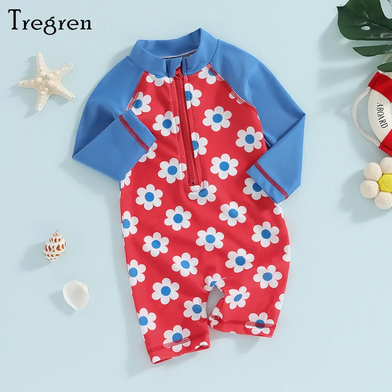 

Tregren Infant Baby Girls Swimsuits Summer Floral Print Long Sleeves Zipper Swimwear Jumpsuit Beachwear for Toddler Bathing Suit