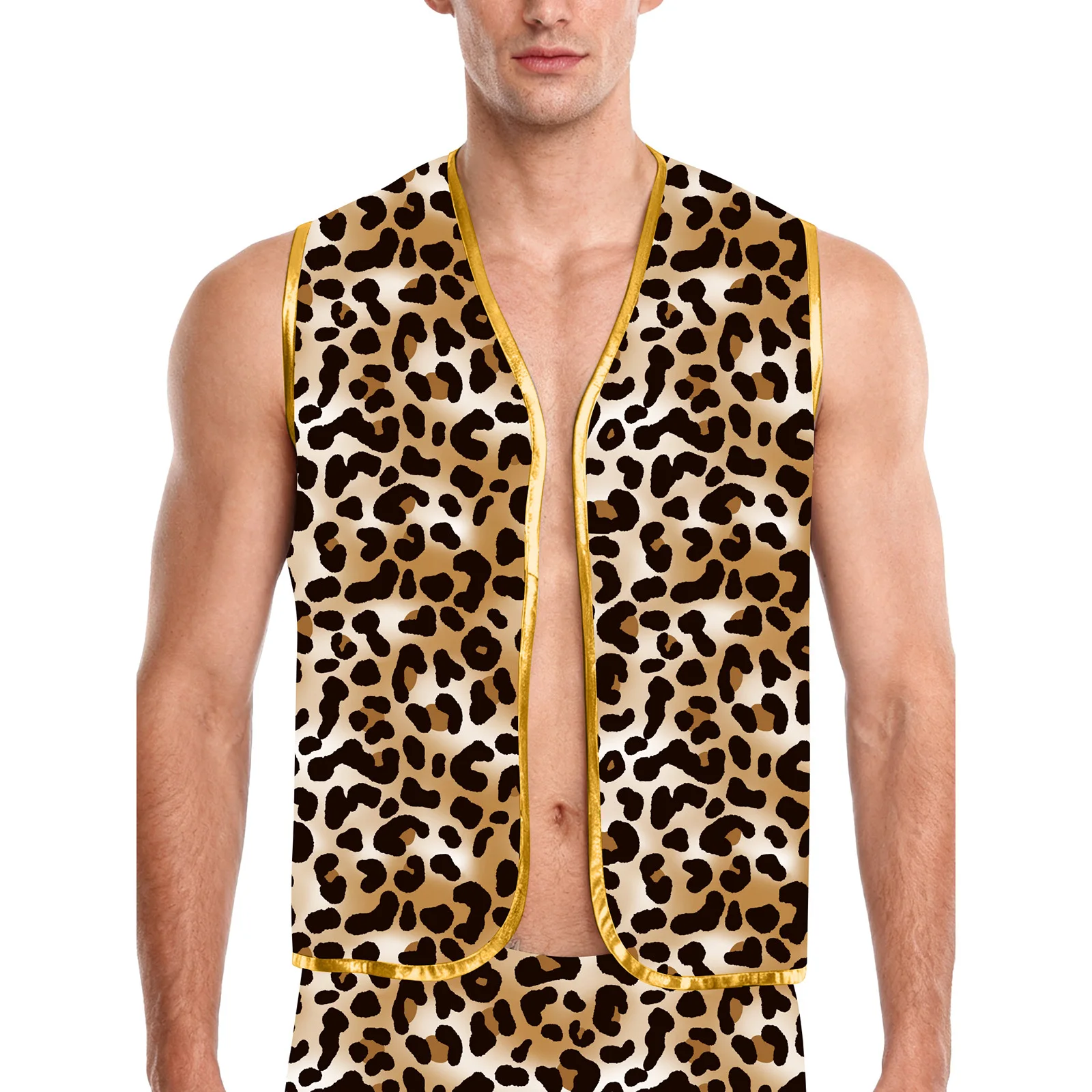 

Men Adult Leopard Print Vest Fashion Sleeveless Metallic Trim Open Front Waistcoat for Party Raves Disco Dance Performance Vests