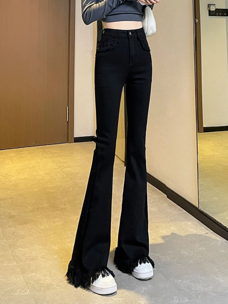 Women's autumn and winter high waist slimming denim jeans plush and thickened design tassel design versatile jeans