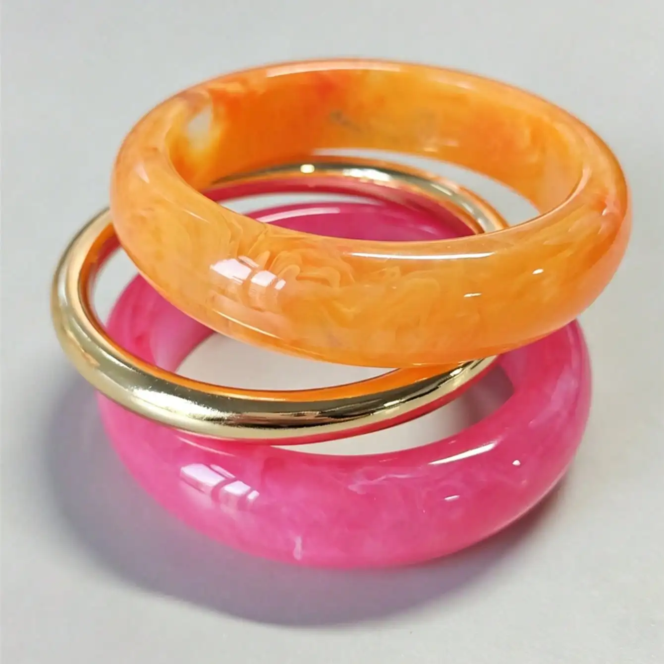 3pcs Pink-Orange Bohemian Color-Block Resin Geometric Bracelet Set for Layering Wide Style Women's Jewelry Youthful  Fashionable