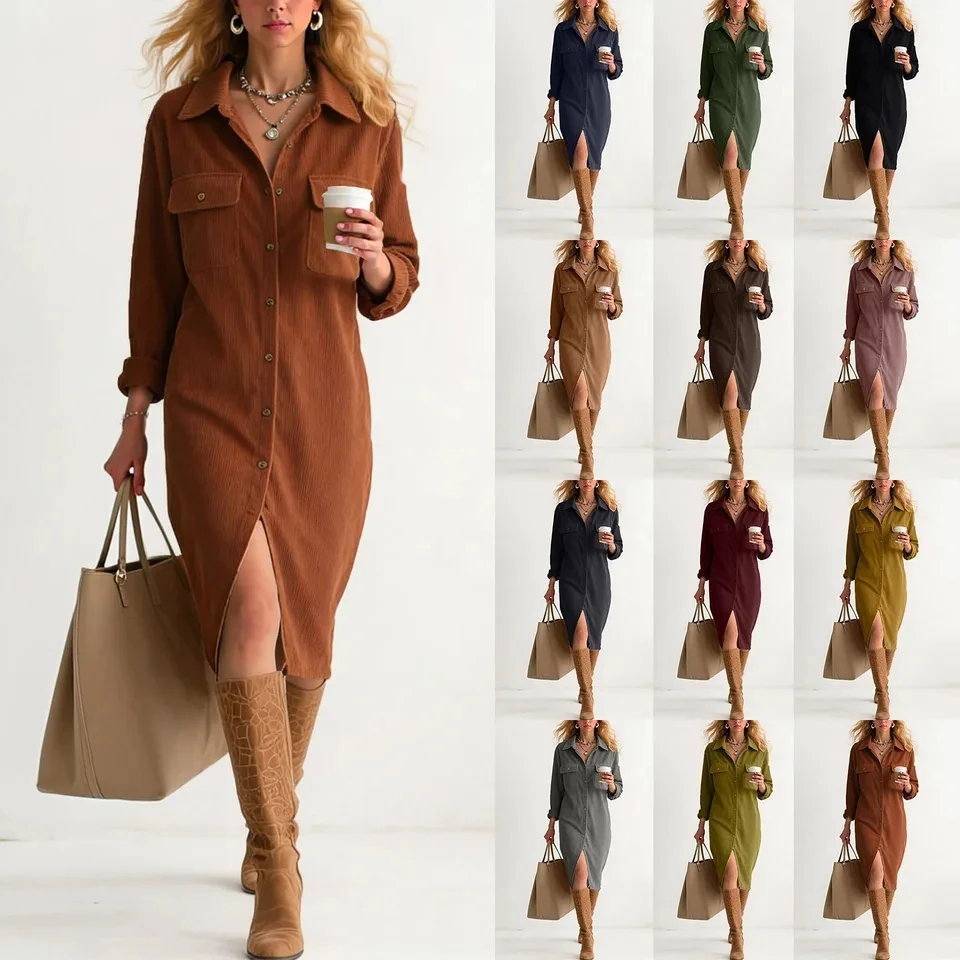 

Corduroy Long Sleeved Dress Woman Elegant Single Breasted Lapel Shirt Dresses Spring Fall Solid Retro Dress Female Clothing