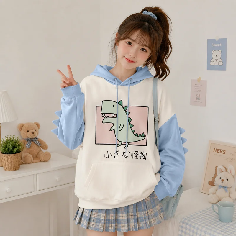 Niedlicher Dinosaurier-Hoodie mit Cartoon-Grafik, Pullover-Sweatshirt, Langarm, Oversized, Casual Y2K Streetwear Kapuzenpullover – Detail 8