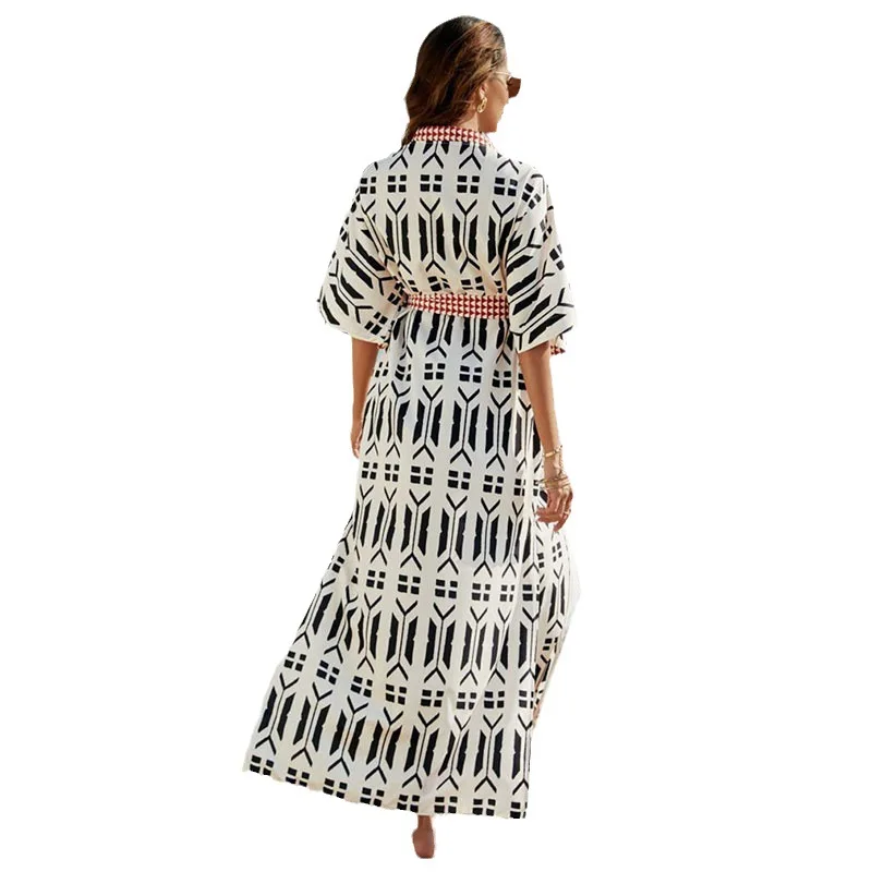 بوهو مطبوعة طويل كيمونو التفاف فستان الشاطئ الساتان تونك بيكيني Cover ملابس النساء ملابس الشاطئ ملابس السباحة دعوى Cover