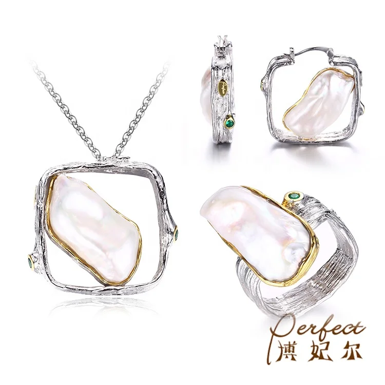 

White Wedding Jewelry Large Square Shape Freshwater Pearl Necklace And Drop Earring Set