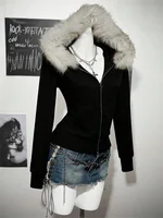 Y2K Harajuku Gothic Women's Hoodie Sexy Slim Chic Suede Fur Collar Letter Print Cardigan Sweatshirt  Female Streetwear