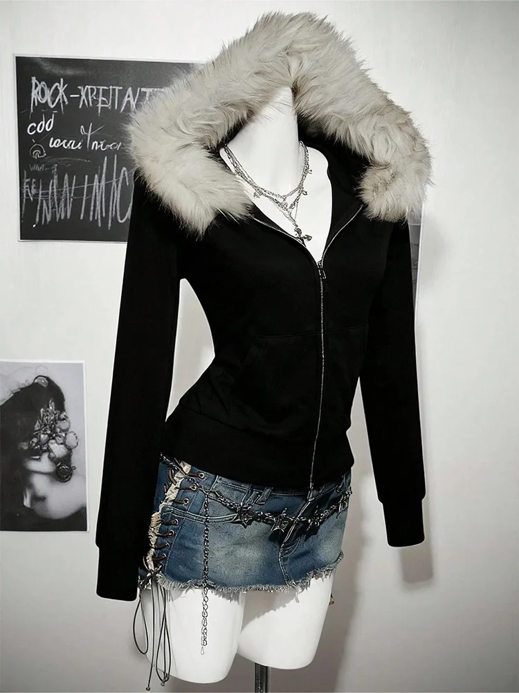 Y2K Harajuku Gothic Women's Hoodie Sexy Slim Chic Suede Fur Collar Letter Print Cardigan Sweatshirt  Female Streetwear