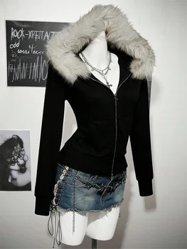 Y2K Harajuku Gothic Women's Hoodie Sexy Slim Chic Suede Fur Collar Letter Print Cardigan Sweatshirt  Female Streetwear