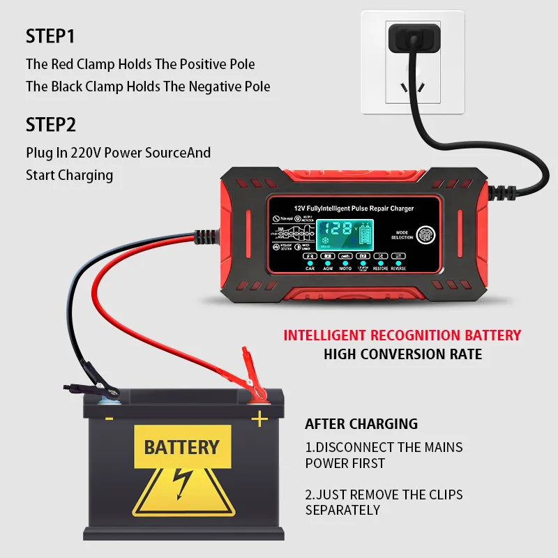 12V 6A Car Battery Charger 14.6V 6A Digital Display Electric Motorcycles Charger For LiFePO4 Lead Acid AGM Smart Battery Repair