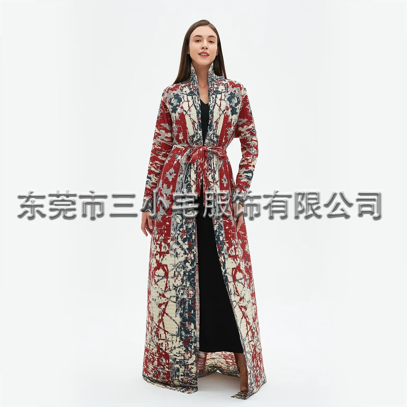 Pleats Pleated Jacket Famous Style Printed Gown Large Size Loose Thin Lapel Tie Long Sleeve Printed Long Skirt Women Clothing