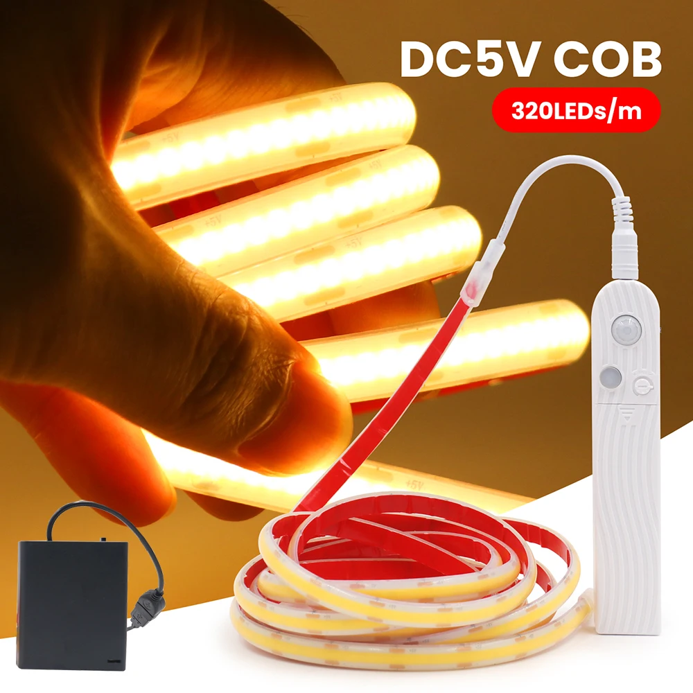 

Датчик движения COB светодиодная неоновая лента с питанием от USB батареи 5 В шкаф кухонная лестница освещение 3000 4000 К 6000 К 320 светодиодов/м