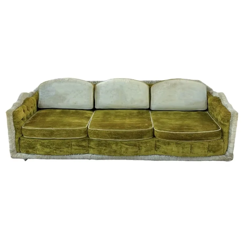 Vintage olive green velvet three-seater sofa with ruffles, tufted straight sofa for villas