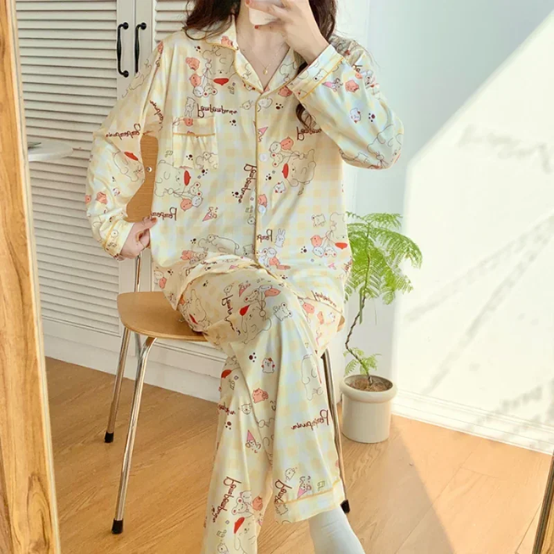 Sanrio Hello Kitty autumn pure cotton new long-sleeved trousers cartoon women\'s pajamas silk pajamas women\'s loungewear set.