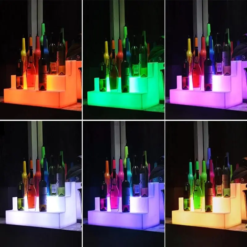 Rechargeable LED Colorful 3 Tiers Bar Wine Bottle Holder Shelf 4 Flash Mode Creative Wine Rack Display Stand with Remote Control