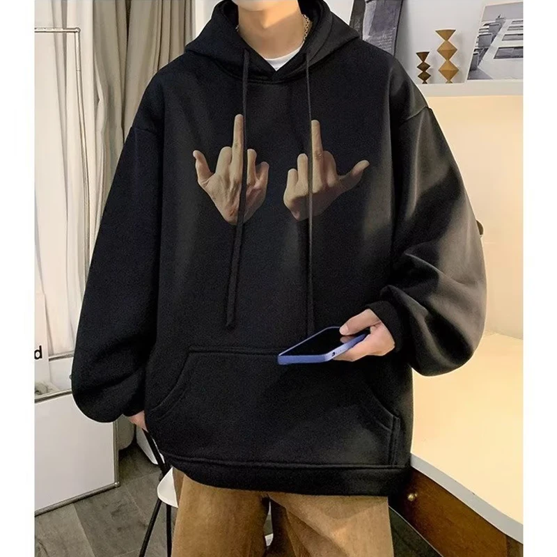 Men's Autumn Winter Finger Printing Plush Hoodies Oversize Vintage Y2k Long Sleeve Hooded Sweatshirt Men Hoody Pullovers