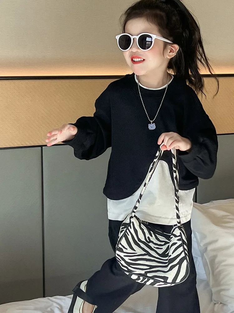 Girls' Trendy Assorted Colors False-Two-Piece Sweater2024Autumn New Versatile Casual Pants Two-Piece Fashion Children's Clothing image 4