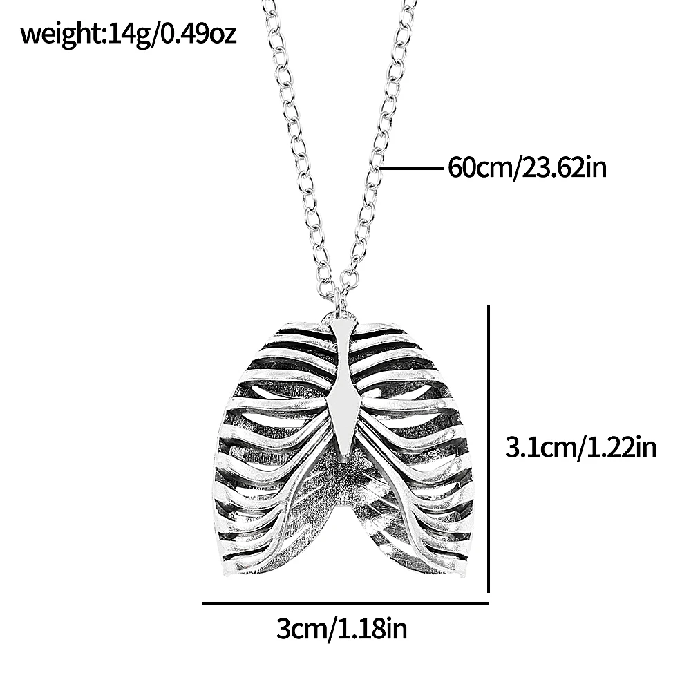 Retro Gothic Rib Cage Skeleton Heart Pendant Necklace
