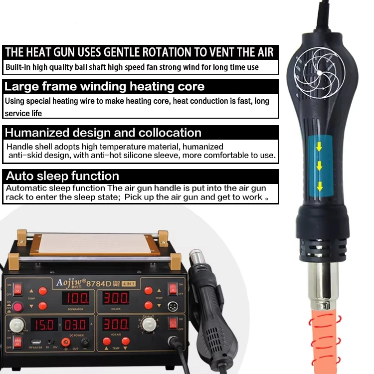 

8784D 4-in-1 Repair Station: Hot Air Gun 700W 450°C + Soldering + DC Power 15V 3A + Screen Separator