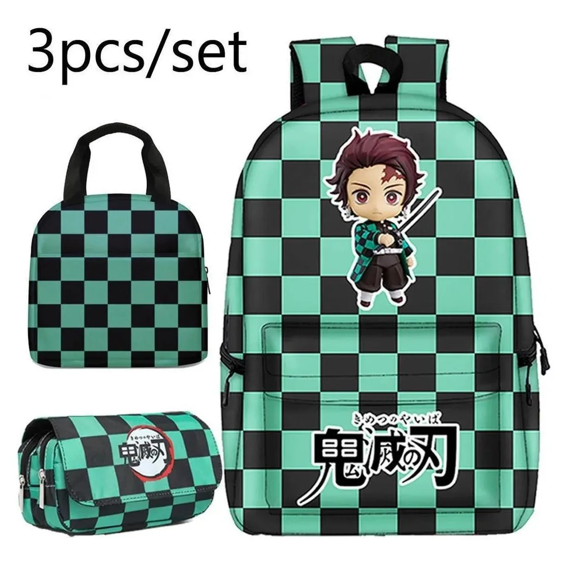 

Demon Slayer Backpack Anime Print Large capacity School Bag 3 Piece Set Lunch Bag Pencil Case Tanjirou Nezuko Boy Girl Student