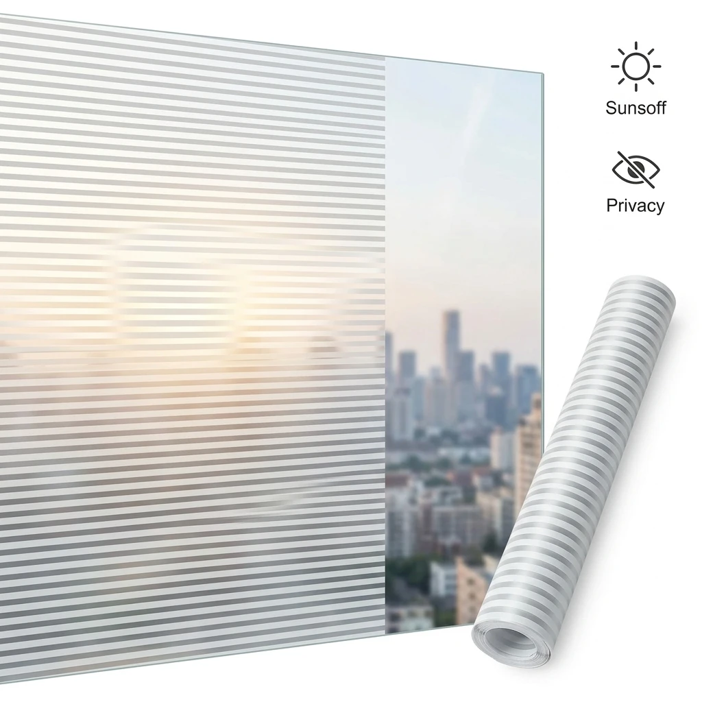 Frosted Privacy Self-Adhesive Window Film UV-Block Waterproof Easy Clean Bathroom Glass Sticker with Horizontal Stripes for Home