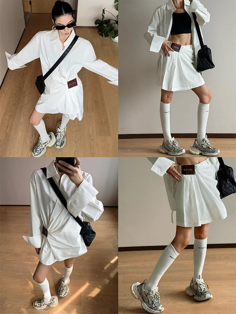 

CIZZLEMORE Premium White Cotton Long Sve Pleated irt Sli Faionable Versatile ort Skirt Two-Piece Set Spring 2025